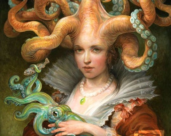 Contessa with Squid (print) fantasy art octopus woman squid tentacles mother and child