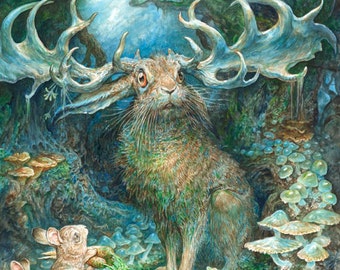 The God of Peter Cottontail (print) - jackalope, rabbit, bunny, magical, fantasy art, illustration, artwork