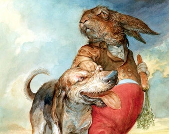 Dog of the Hare (print) rabbit, art, hound, artwork, illustration, painting, home decor