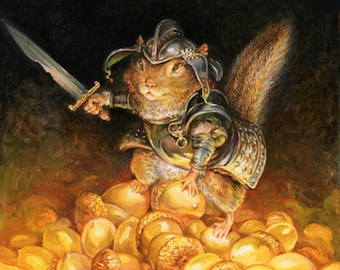 The Golden Hoard (8x10 medium print) - chipmunk, acorn, guard, knight, armor, nuts, artwork, illustration