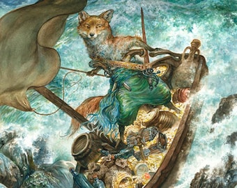 Coming Ashore (print) fox pirate renard boat landing treasure storytelling art illustration