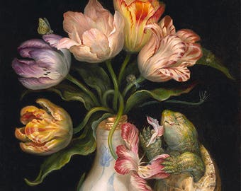 Tulips with Turtle (print) flowers, vase, snack time, artwork, garden, illustration