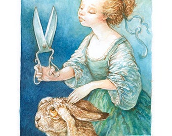 Cutting Her Hare (5x7 mini print)- rabbit, bath, hair care, pets, puns