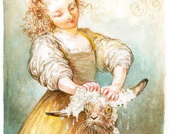 Washing Her Hare (5x7 mini print)- rabbit, bath, hair care, pets, puns, hair salon