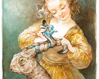 Braiding Her Hare (5x7 mini print)- rabbit, bath, hair care, pets, puns