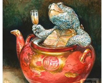 Teapot Terrapin (8x10 medium print) turtle art, tea time, relax, hot tub, spa, tgif, cocktail, tortoise, animal artwork, illustration