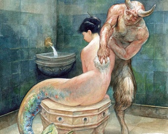 Bathing the Nereid (print) - mermaid art, bathroom decor, bath, spa, illustration