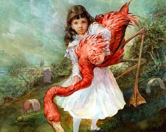 Croquet (print) - Alice in Wonderland, flamingo, hedgehog, lawn game, summer, storybook