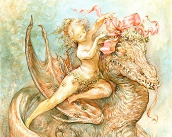 Beautify Your Dragon (impression moyenne 8 x 10), beauté féerique, joli monstre, humour, art fantastique, rubans, la belle et la bête