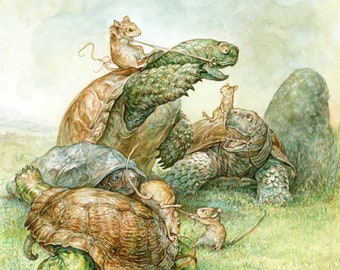 The Starting Line (print) turtle race, mouse, fairy tale, riders, childrens book, sports