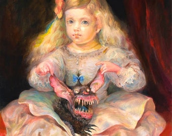 Precious (print) - young girl, monster, pet, puppy, beauty and the beast, artwork, illustration