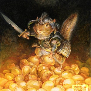 The Golden Hoard (8x10 medium print) - chipmunk, acorn, guard, knight, armor, nuts, artwork, illustration