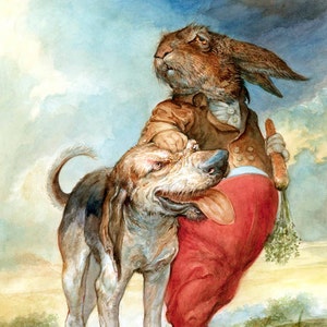 Dog of the Hare print rabbit, art, hound, artwork, illustration, painting, home decor image 1