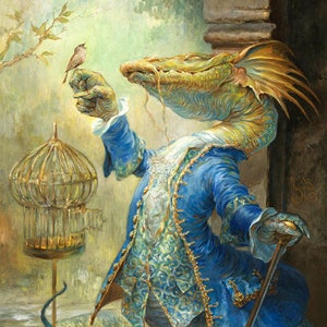 Dragon and the Nightingale (print) bird, sing, pets, fantasy art, home decor