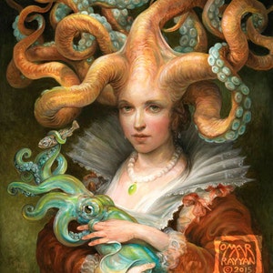 Contessa with Squid print fantasy art octopus woman squid tentacles mother and child image 1