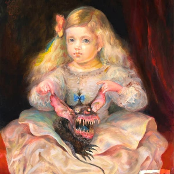 Precious (print) - young girl, monster, pet, puppy, beauty and the beast, artwork, illustration