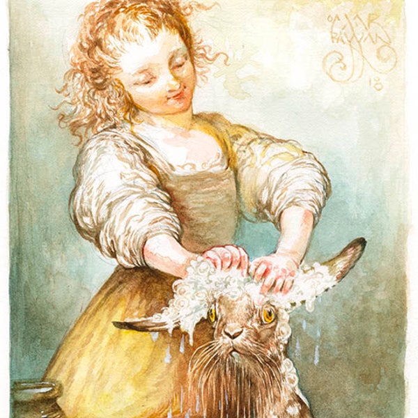 Washing Her Hare (5x7 mini print)- rabbit, bath, hair care, pets, puns, hair salon