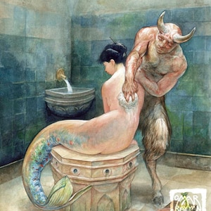 Bathing the Nereid (print) - mermaid art, bathroom decor, bath, spa, illustration