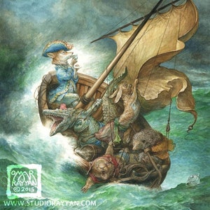 Tea in the Tempest print ocean, chaos, storm, tea, fox, animal art, illustration, boat image 1