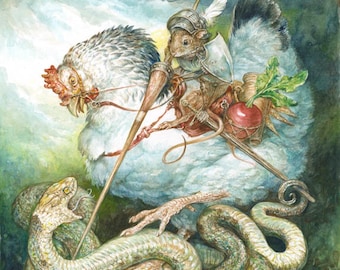 George (print) mouse knight, chicken, dragon, serpent, snake, radish, artwork, illustration