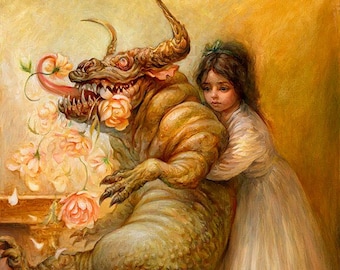 The Broken Vase (print) beauty and beast, monster, little girl, children, funny, artwork, home decor, flowers