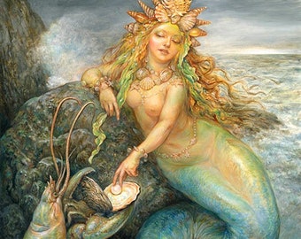 A Pearl for Her Majesty (print) - mermaid, goddess, summer, ocean, artwork, illustration