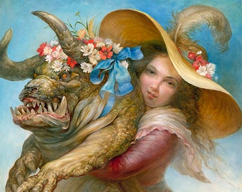 Summer Beauty (print) fantasy art, monster, woman, flowers, beauty and the beast, pets