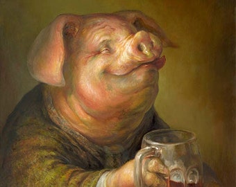 Pleased Pig in a Pub with a Pint (print) bar decor - beer - happy hour - funny artwork