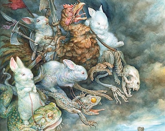 Les quatre lapins blancs moelleux de l'Apocalypse (imprimé), monstre, lapins, oeuvre d'art, humour, animaux de compagnie
