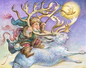 A Wild Winter Ride (8x10 medium print) - artwork, rabbit, jackalope, fantasy art, fairy tale