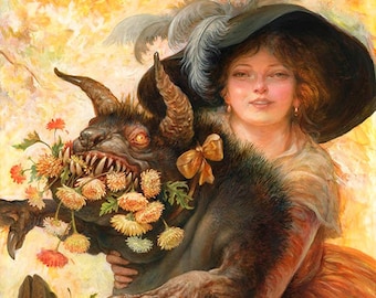 Chrysanthèmes (impression) - fleurs, monstre, animal de compagnie, chien, mode, la belle et la bête, drôle, oeuvre d'art, illustration