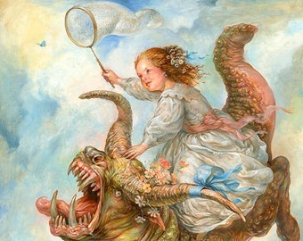Butterfly Catcher (print) fantasy art, monster, woman, girl, flowers, beauty and the beast, pets