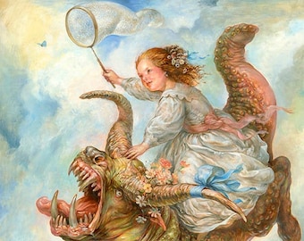 Butterfly Catcher (print) fantasy art, monster, woman, girl, flowers, beauty and the beast, pets