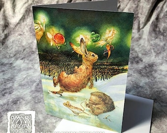 The Skating Party (Greeting Card) - rabbit, hedgehog, fairy tale, Christmas, winter, holiday, gift card