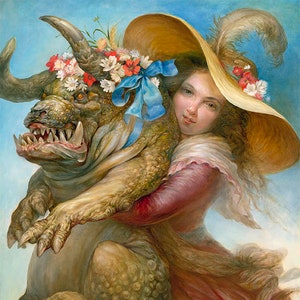 Summer Beauty (print) fantasy art, monster, woman, flowers, beauty and the beast, pets