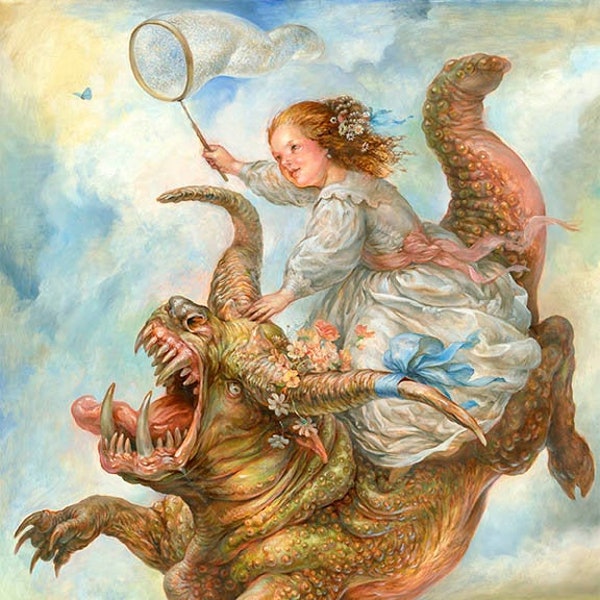 Butterfly Catcher (print) fantasy art, monster, woman, girl, flowers, beauty and the beast, pets