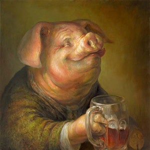 Pleased Pig in a Pub with a Pint (print) bar decor - beer - happy hour - funny artwork