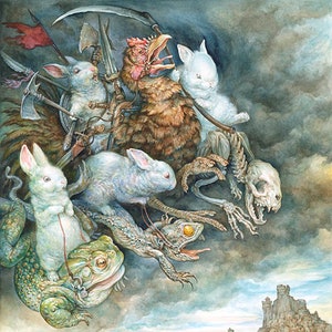 The Four Fluffy White Bunnies of the Apocalypse (print) fantasy art, monster, rabbits, artwork, humor, pets