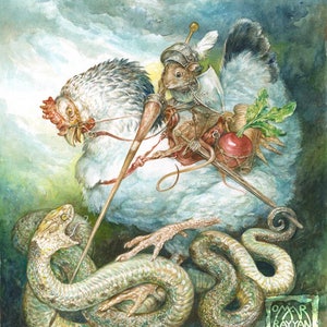 George (print) mouse knight, chicken, dragon, serpent, snake, radish, artwork, illustration