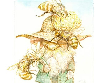 The Beekeeper (5x7 mini print)- bees, honey, garden, gardener, apiary, beekeeping, artwork, illustration