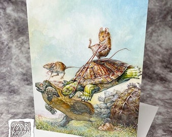 Turtle Race (Greeting Card) - turtles, mice, birthday card, gift card