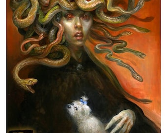 Medusa with Muffins (print) - monster, pet dog, funny, beauty and the beast, gorgon, snakes, portrait