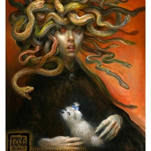 Medusa with Muffins (print) - monster, pet dog, funny, beauty and the beast, gorgon, snakes, portrait