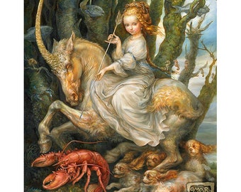 The Royal Lobster Hunt (print) fantasy art, unicorn, woman, dogs, spaniel, pets, seafood