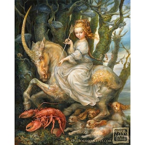 The Royal Lobster Hunt (print) fantasy art, unicorn, woman, dogs, spaniel, pets, seafood