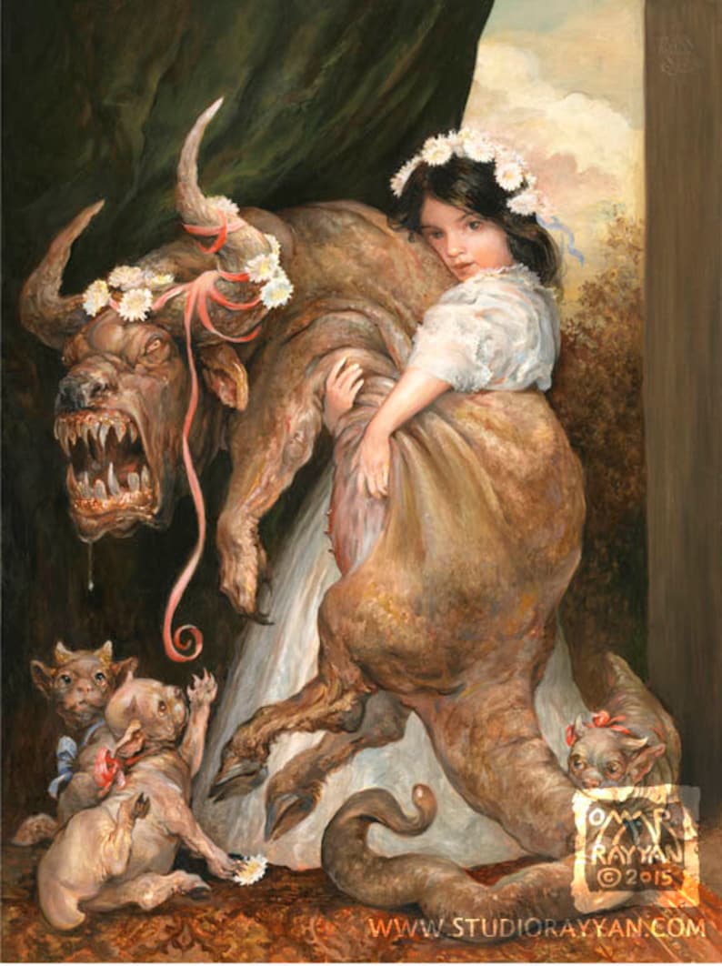 Little Darlings print beauty and beast, monsters, ugly cute, puppies, little girl, children, funny, artwork, home decor image 1