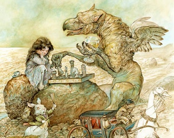 Interlude with the Gryphon (print) Alice in Wonderland, chess game, white rabbit, griffin, fantasy art, illustration, story