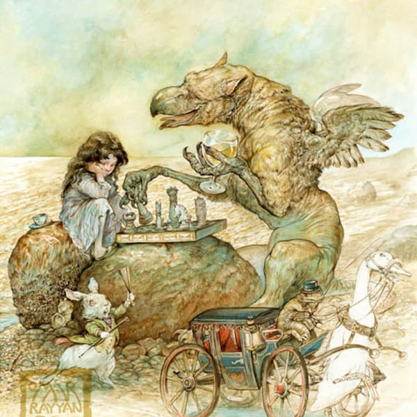 Interlude with the Gryphon (print) Alice in Wonderland, chess game, white rabbit, griffin, fantasy art, illustration, story