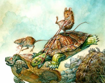 Turtle Race (print)- mouse rider, steeplechase, riding, sports, fantasy art, fairy tale, artwork, illustration