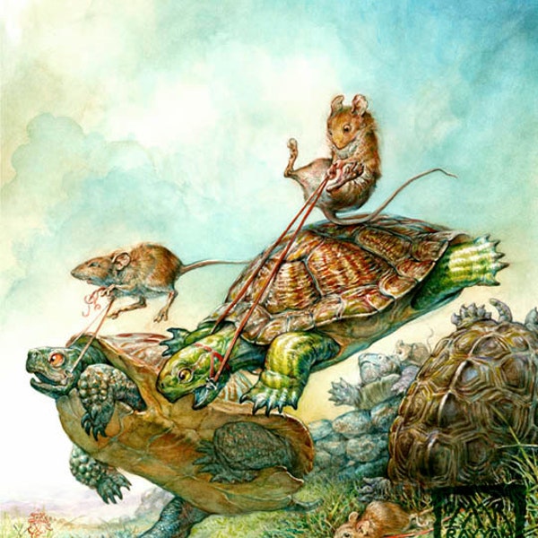 Turtle Race (print)- mouse rider, steeplechase, riding, sports, fantasy art, fairy tale, artwork, illustration